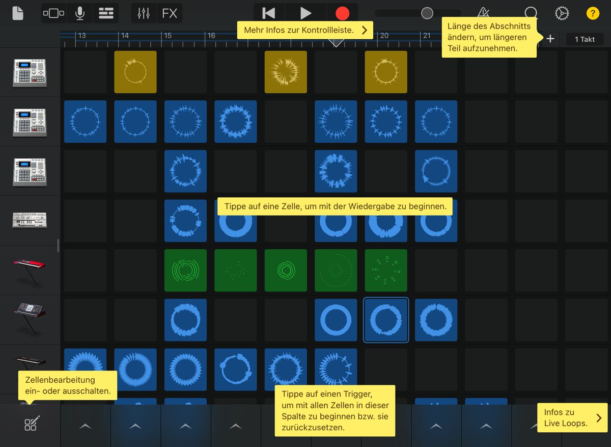 GarageBand Live Loops mit eingeblendeter Hilfe